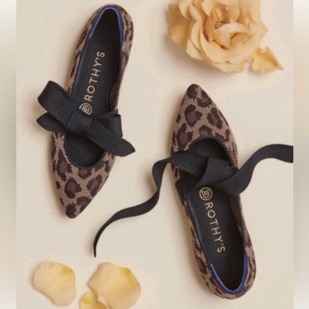 NWOB Rothy's Mary Jane Wildcat Point Womens Leopard Print Bow Flat Shoes 8